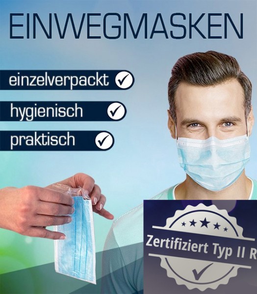 Mundschutz-Einwegmaske 3-Lagig - EINZELN VERPACKT!!! - ZERTIFIZIERT TYP II R
